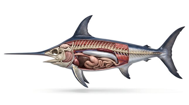Swordfish anatomy cross-section showing skeletal structure and internal organs, isolated white background.
