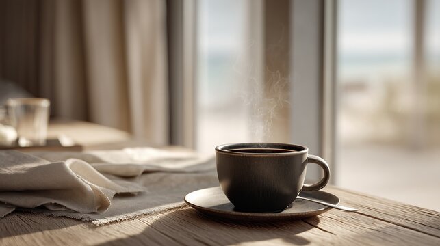 Steaming Black Coffee Cup on Wooden Table with Soft Morning Light