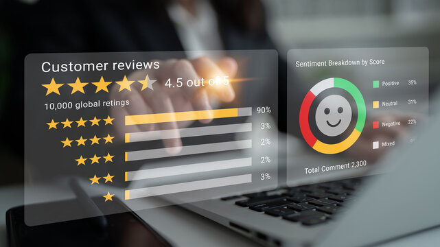 A detailed visualization of customer reviews showcasing star ratings and sentiment analysis on a laptop screen, perfect for understanding user feedback and performance insights. Gantry