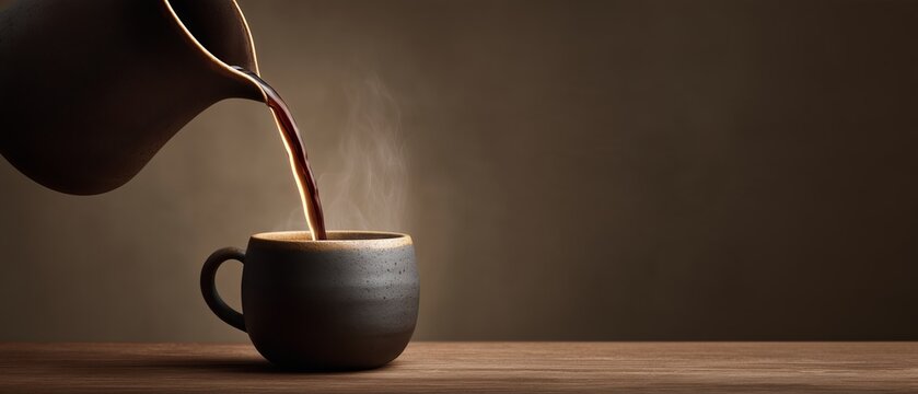 Pouring Hot Fresh Coffee into Dark Ceramic Cup with Steam