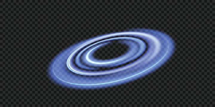 A glowing blue circular light ring rotates against a black background. Multiple intertwined neon trails create a smooth elliptical shape with varied brightness.