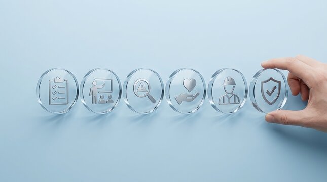 Hand Selecting Process Steps Illustrated with Icons on Glass Tokens