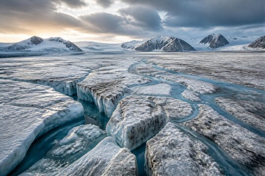 Glacial ice crevasses carving frozen landscape at dusk