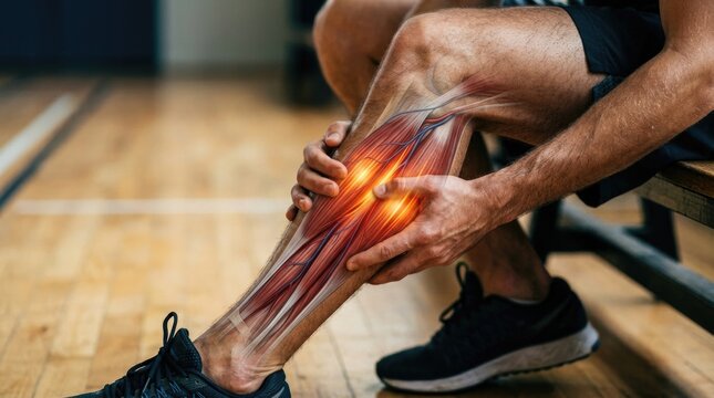 Calf muscle tension: leg cramp, acute spasm, intense soreness, sudden ache, tissue stiffness, physical fatigue, sport strain, body twitch, deep discomfort, neuromuscular issue.