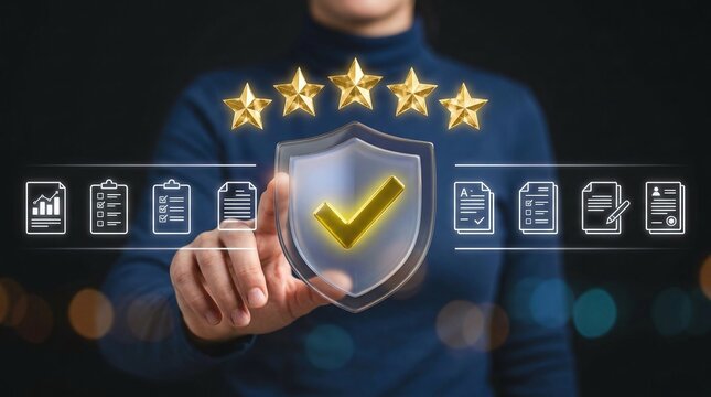 Professional holding digital security shield with five star rating and documents
