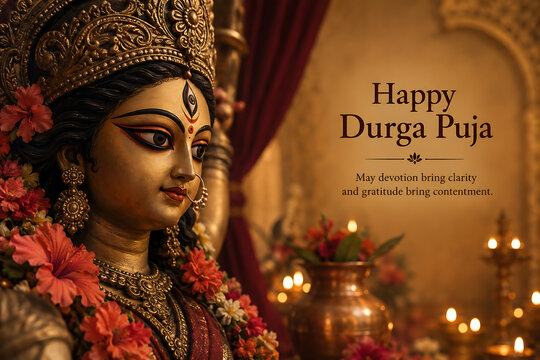 Ornate goddess durga idol decorated with hibiscus flowers and glowing lamps for durga puja and navratri traditional festive worship celebration background design