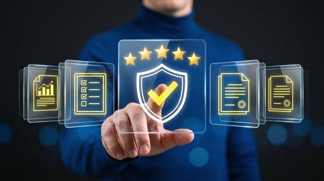 Professional selecting digital security and document verification icons
