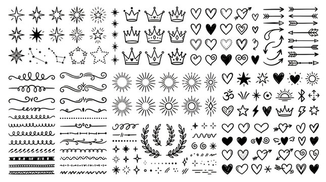 Set of black hand drawn doodle arrow icons on white background