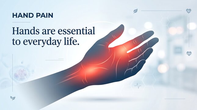 Hand pain medical vector illustration showing wrist and palm inflammation with glowing red spots highlighting arthritis and carpal tunnel syndrome