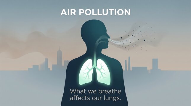 Air pollution vector graphic showing smog cityscape silhouette and person inhaling airborne pollutants affecting lung health and respiratory system