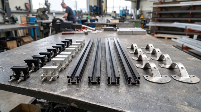 Heavy duty anodized aluminum solar panel mounting rails, clamps, and roof hooks on a workbench, solar installation hardware photography