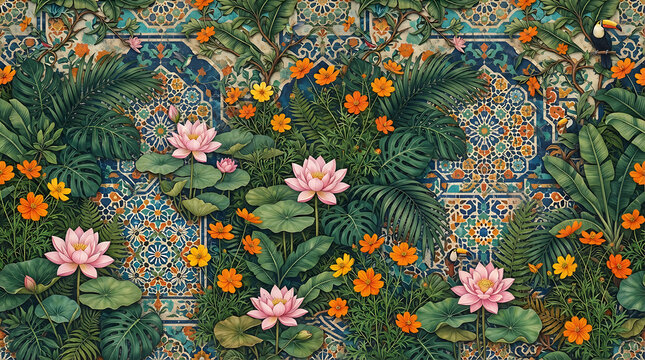 Tropical rainforest floral pattern with lotus flowers and toucans on ornate ceramic tile background