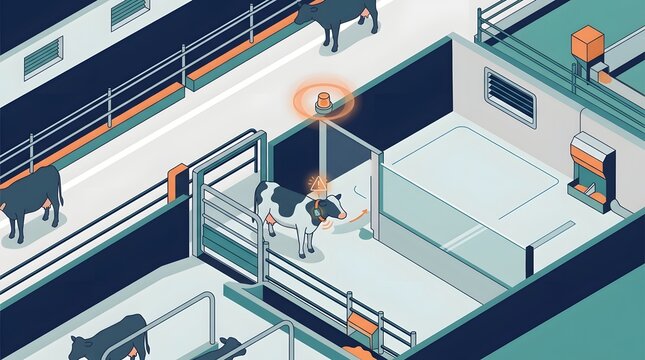 Isometric automated livestock sorting gate identifying dairy cow with rfid sensor