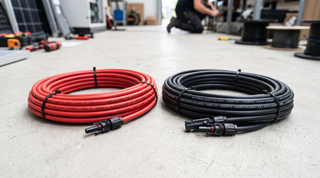 Specialized red and black photovoltaic solar cables with waterproof MC4 connectors on a clean floor, electrical installation hardware stock photo