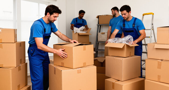 Team of movers packing boxes for relocation service.

