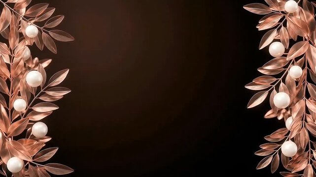 Elegant rose gold leaves and white pearls framing a dark background for luxury product presentation or holiday design