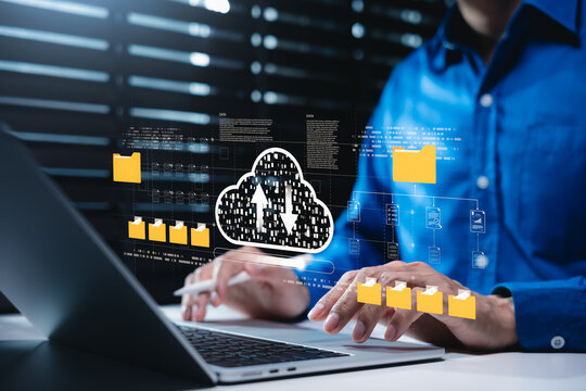 Cloud file backup and digital data storage management concept. Person using laptop with virtual folders, upload and download cloud icon, file transfer, database sync, document archive, secure workflow