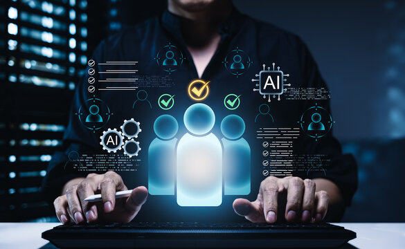 AI customer segmentation and predictive CRM analytics concept. customer profiles with check marks, AI icons, partner data, and lists showing smart targeting, profiling, and relationship management.
