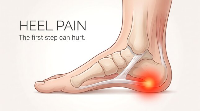 Medical vector illustration of human foot anatomy highlighting heel pain and plantar fasciitis inflammation in the heel bone and connective tissue