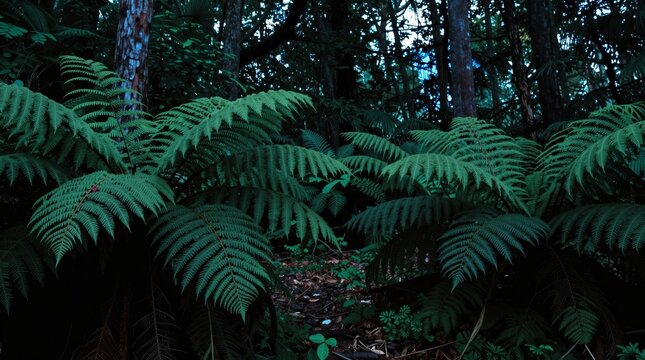 Explore a serene view of lush green ferns thriving in a dense forest. This natural setting showcases vibrant foliage and tranquility in a wild environment.
