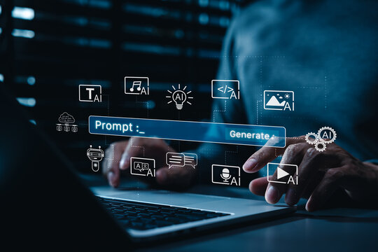 AI prompt and generative content creation concept. Person using laptop with prompt, generate, and multimodal AI icons, representing text, image, audio, design, code, smart content workflow, AI Agents