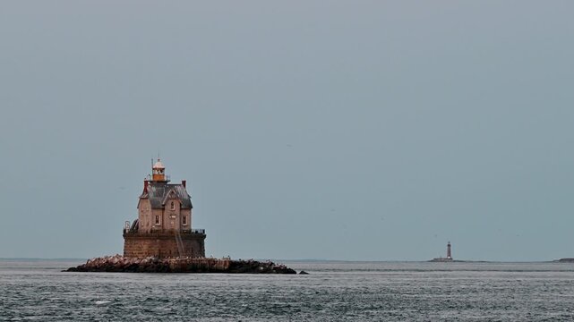 Fishers Island, New York, USA - Race Rock Lighthouse with Active Beacons Across Long Island Sound