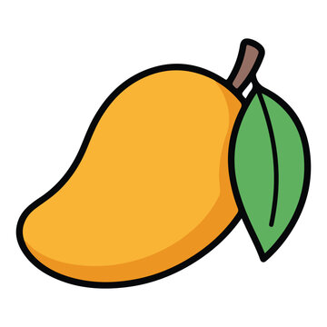Fresh ripe yellow mango fruit vector illustration featuring brown stem and green leaf isolated on white background for health concept.