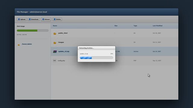 Cloud Server File Manager Interface Extracting Zip Archive