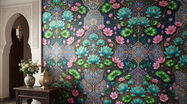 Turquoise lotus flower pattern with intricate mosaic tiles in an oriental archway interior setting