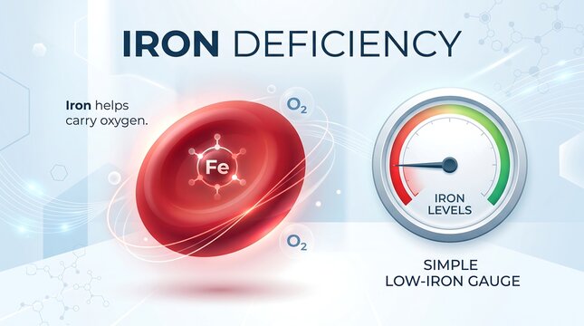 Iron deficiency health infographic vector showing red blood cell with iron molecule and low oxygen transport gauge for clinical education