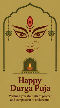 Artistic durga puja poster with minimalist goddess face diya lotus ornaments traditional arch golden background celebrating navratri hindu spirituality devotion and culture