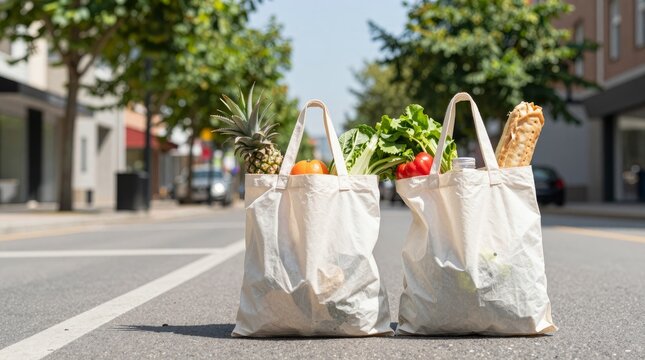 Two eco-friendly grocery bags filled with fresh fruits and vegetables rest on a city street, symbolizing healthy living and sustainable shopping choices.