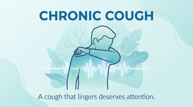 Chronic cough medical illustration depicting person coughing into elbow with lung anatomy background and sound wave graphic