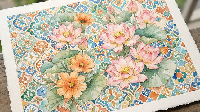 Watercolor lotus flower and floral mosaic pattern illustration for decorative design background