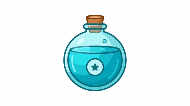 Magic potion bottle filled with glowing blue liquid and sealed with a cork stopper displayed as a colorful cartoon illustration.