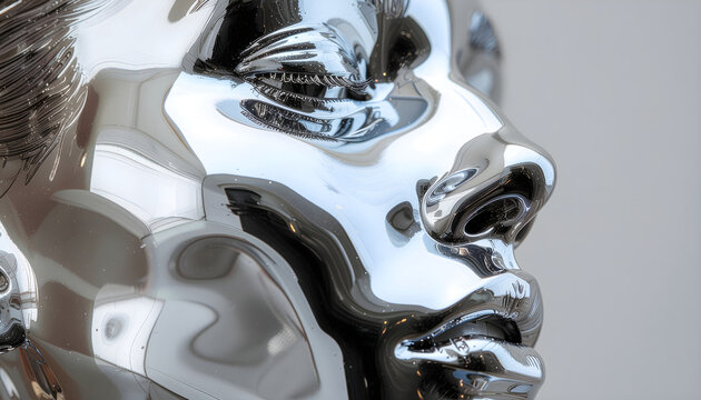 Chrome metallic face sculpture representing ai and futurism