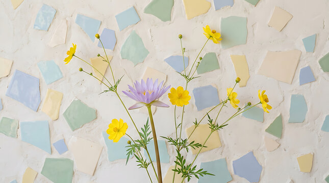 Purple water lily and yellow cosmos flowers arranged against a pastel mosaic tile background