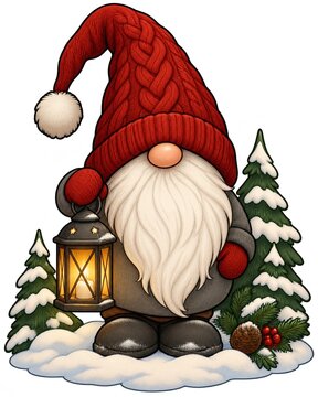 Scandinavian Christmas gnome tomte with a lantern in the snow