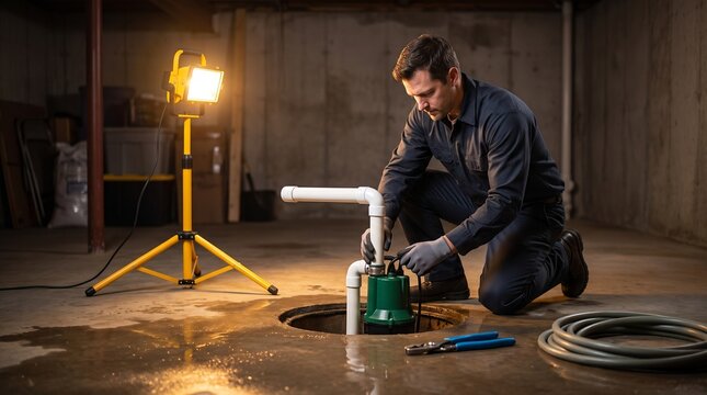 Plumber installing submersible sump pump in dim basement with work light and wet concrete floor