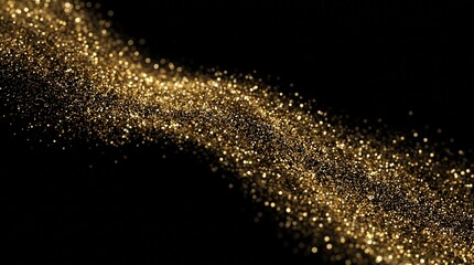 Fototapeta premium Golden glitter particle wave drift diagonally on black background with shimmering light trail