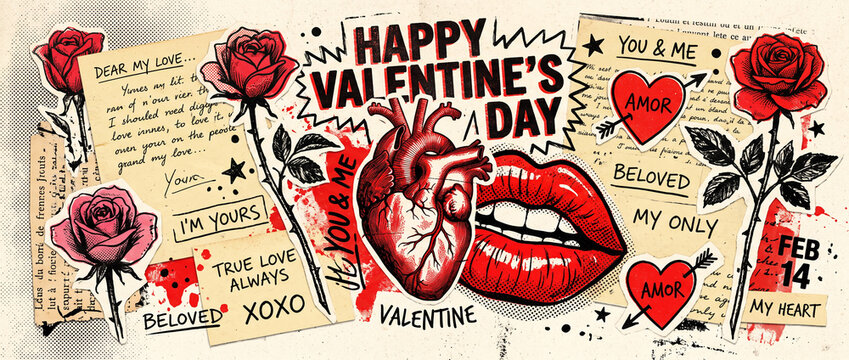 A striking happy valentine's day pop art collage banner with a human heart red lips roses and handwritten notes in a dynamic design for social media cover website banner design