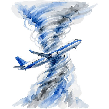 Watercolor illustration of an airplane lifted by a tornado.