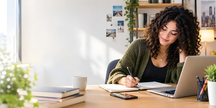 creat image Young woman freelancer writing in notebook with pen beside open laptop, casual style at office desk. Curly haired creative jots down ideas during relaxed work session. Banner, copy space.&nbsp;