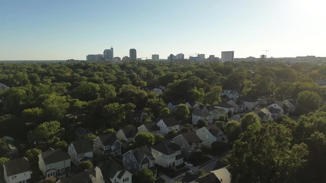 Aerial shot of new homes in a downtown Raleigh, North Carolina neighborhood