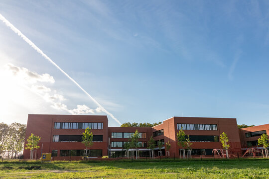 Reopening of Luisengymnasium in Dusseldorf, North Rhine Westphalia shows modern school building for state of the art education equipment for students, pupils and teachers. New location education build