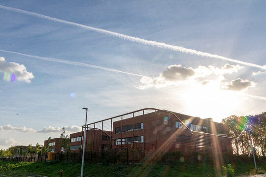 Reopening of Luisengymnasium in Dusseldorf, North Rhine Westphalia shows modern school building for state of the art education equipment for students, pupils and teachers. New location education build