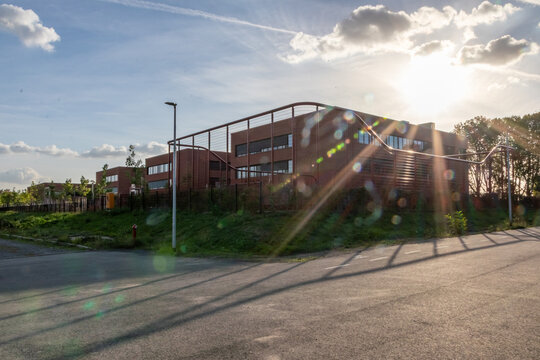 Reopening of Luisengymnasium in Dusseldorf, North Rhine Westphalia shows modern school building for state of the art education equipment for students, pupils and teachers. New location education build