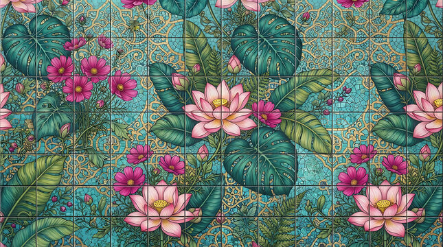 Seamless botanical tile pattern featuring pink lotus flowers and tropical leaves on gold filigree