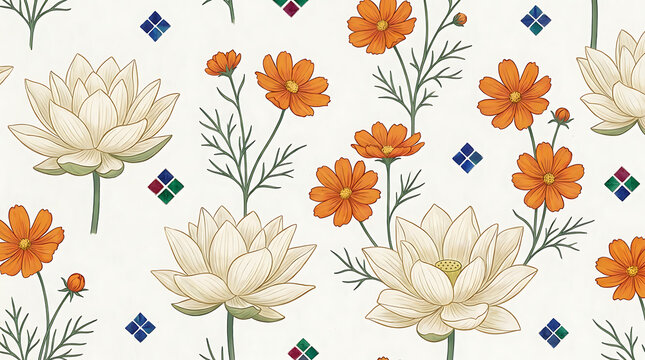 Seamless floral pattern with lotus flowers and orange cosmos blossoms for decorative background