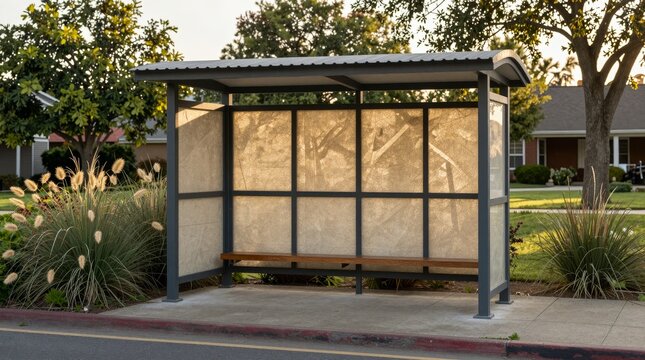 A modern bus stop shelter featuring a wooden bench and minimalist design, set in a peaceful urban environment with lush greenery and sunlight.